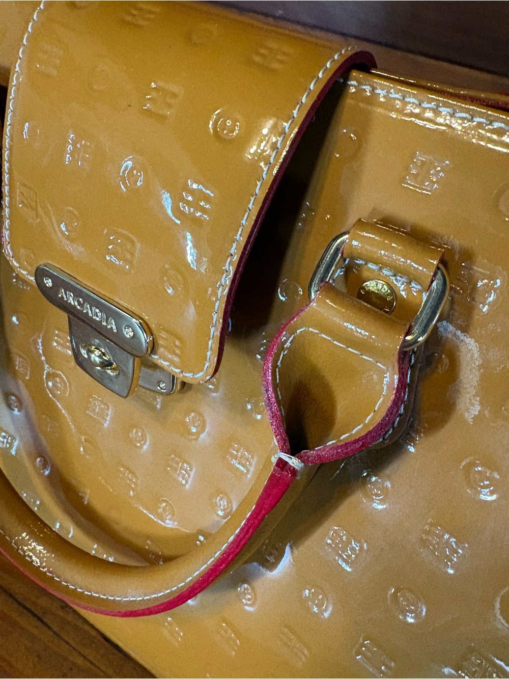 Arcadia Patent Leather Satchel Bag in Mustard Yellow with Red trim - Picture 2 of 9